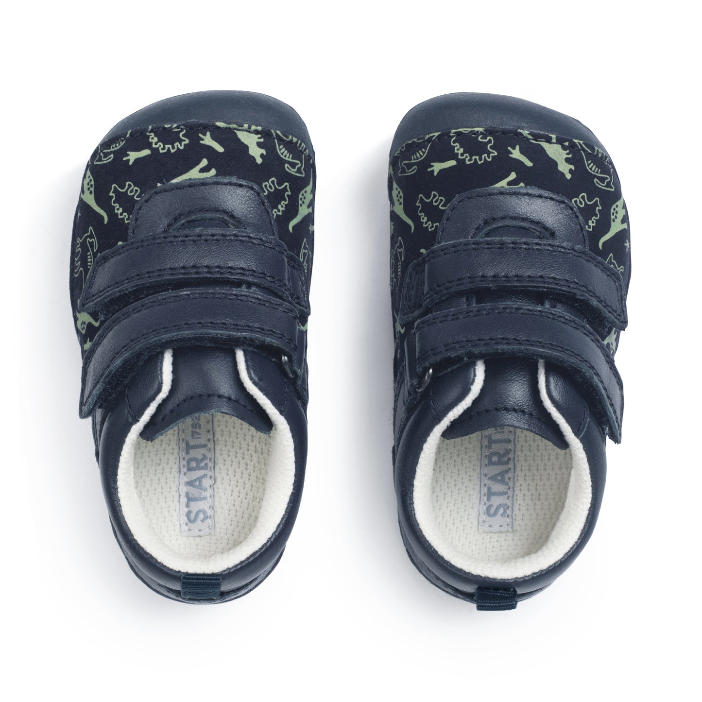 A girls shoe by Start-Rite, style Charms, in dusky pink with t-bar, velcro strap and front and back bumpers. Top view of pair