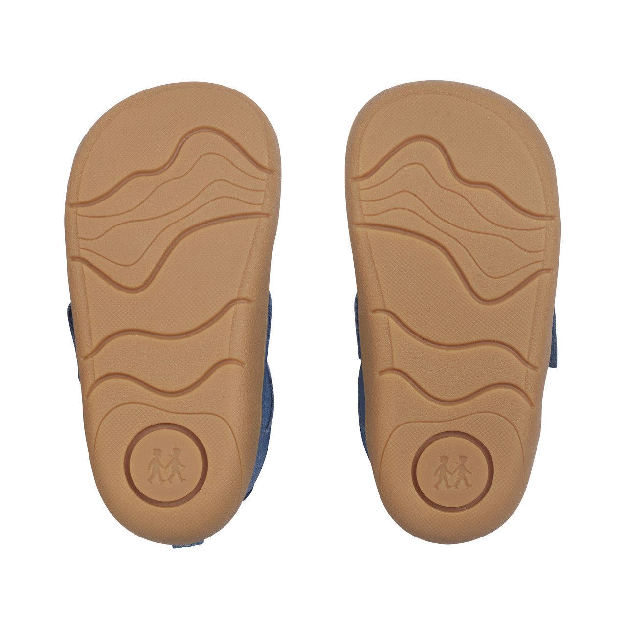 A boys casual shoe by Start-Rite, style Harvest, in blue with heel and toe bumpers and red tractor detail to the velcro fastening. View of soles of a pair.