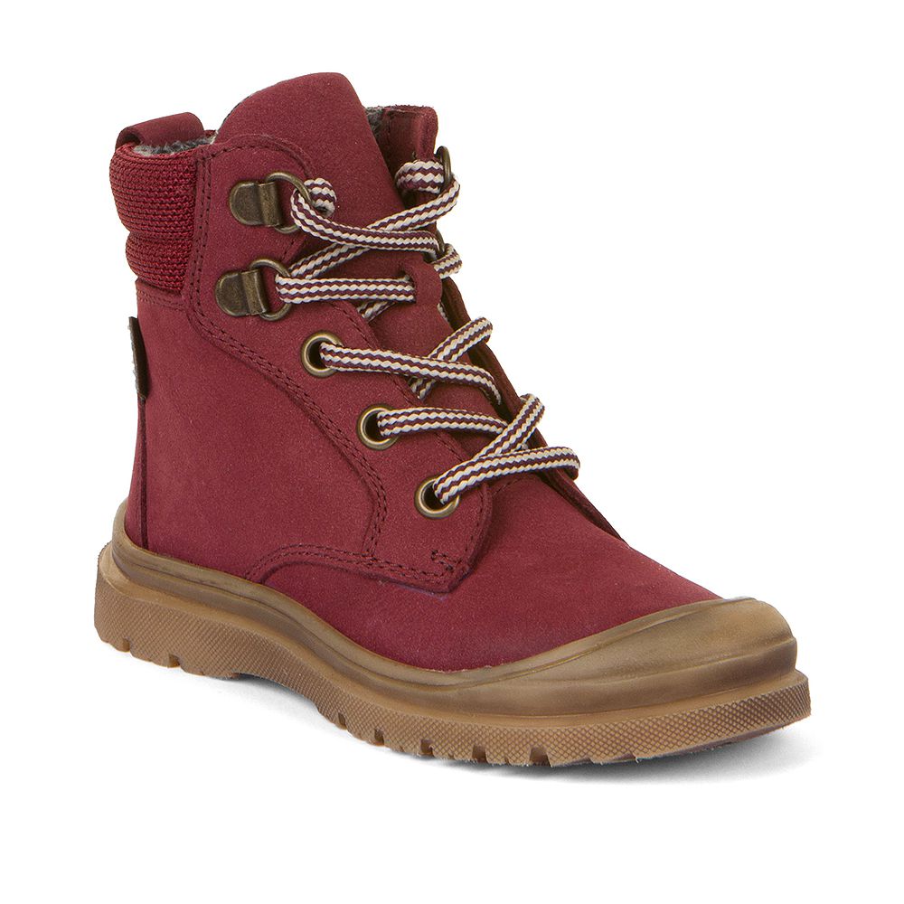 A unisex waterproof boot by Froddo, style Tylas Tex Laces G2160078-6, in burgundy nubuck with lace fastening.