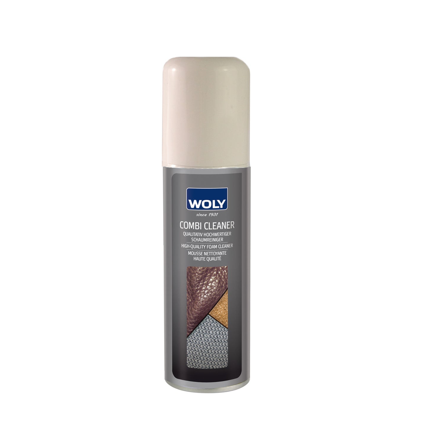 A can of combi cleaning mousse for shoes by Woly. Front view.