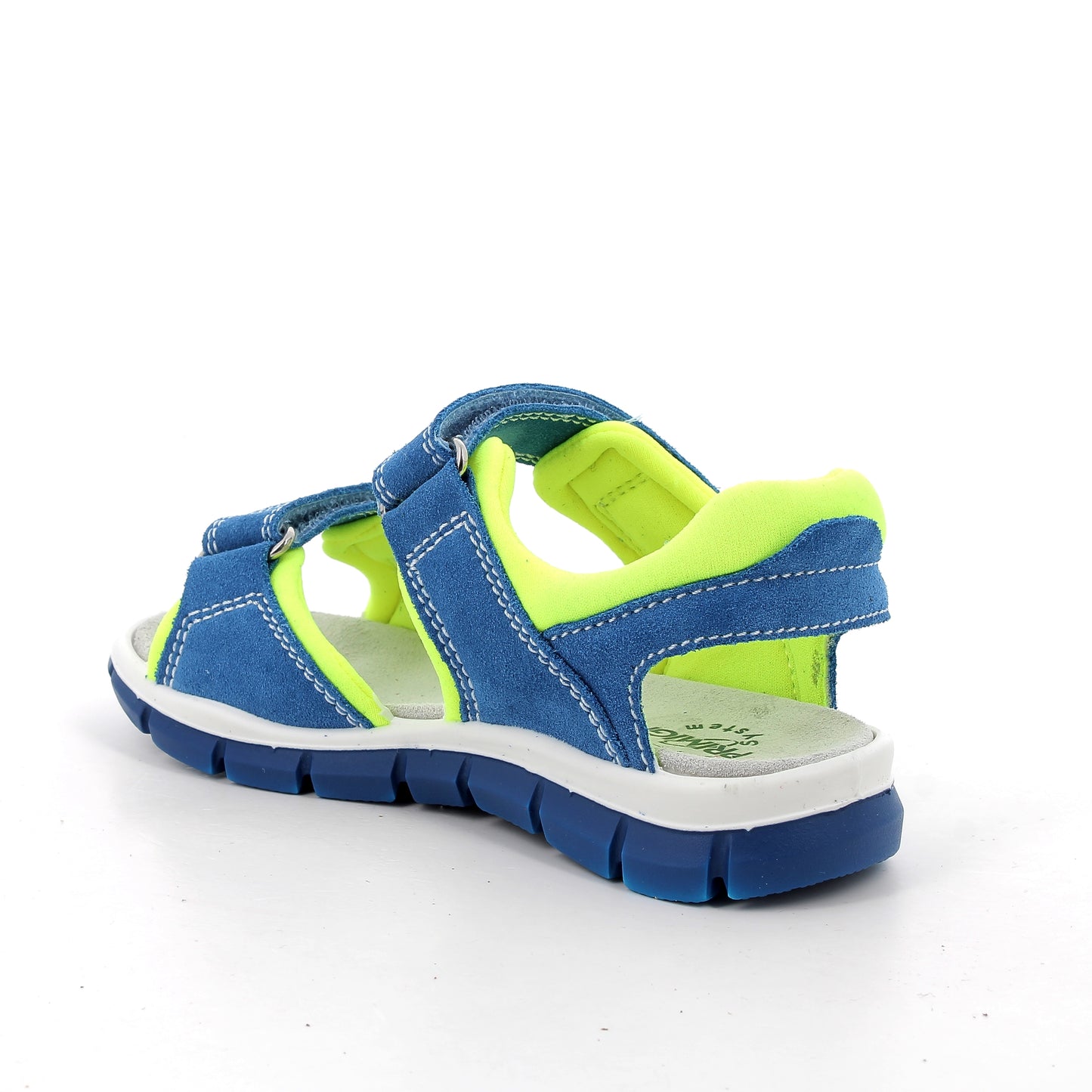 A boys sandal by Primigi, style Tevez in ocean/green. With two velcro straps and blue sole. Angled back view