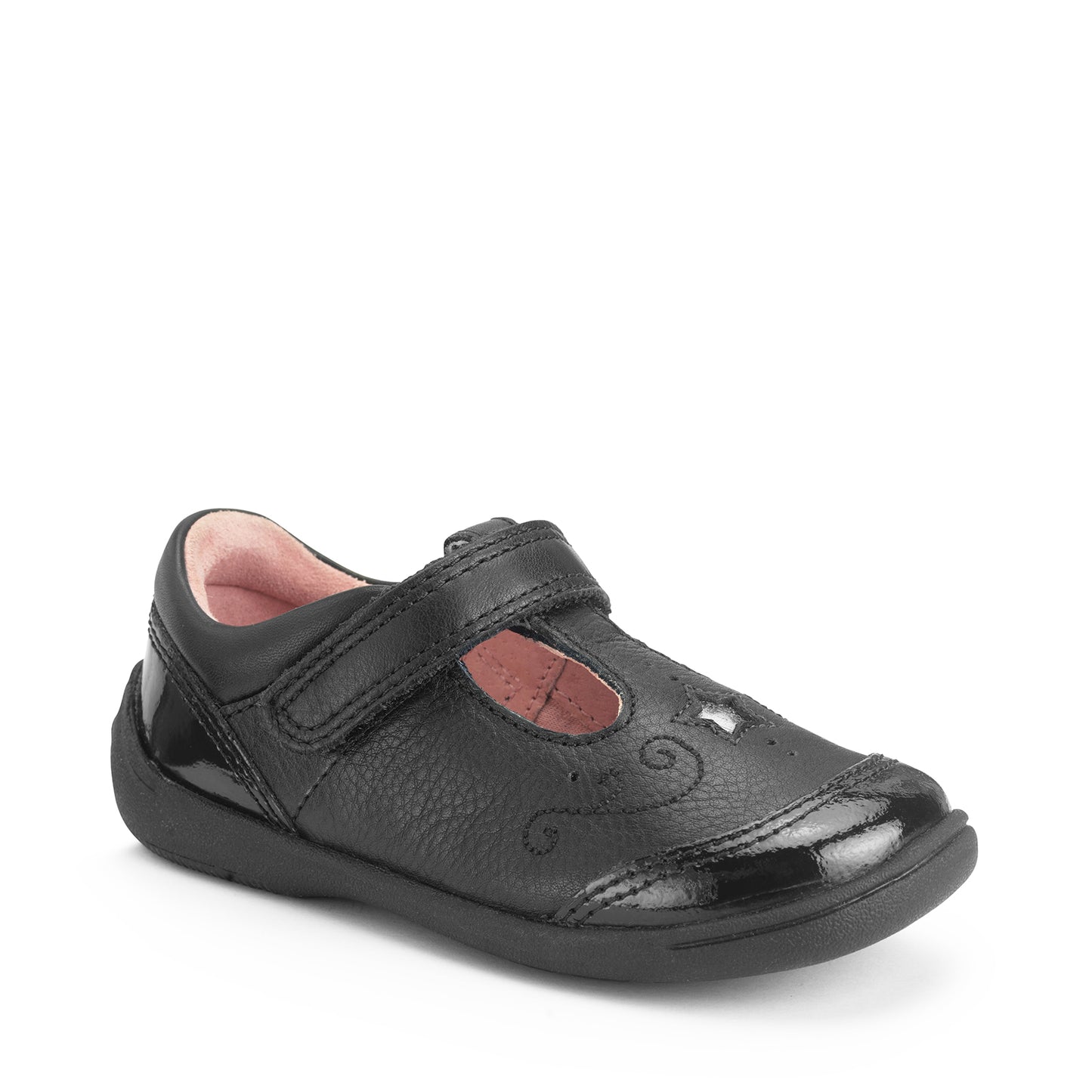 A girls T-Bar school shoe by Start-Rite, style Dazzle, in black leather with patent trim and star detail. Velcro fastening. Right side angled view.