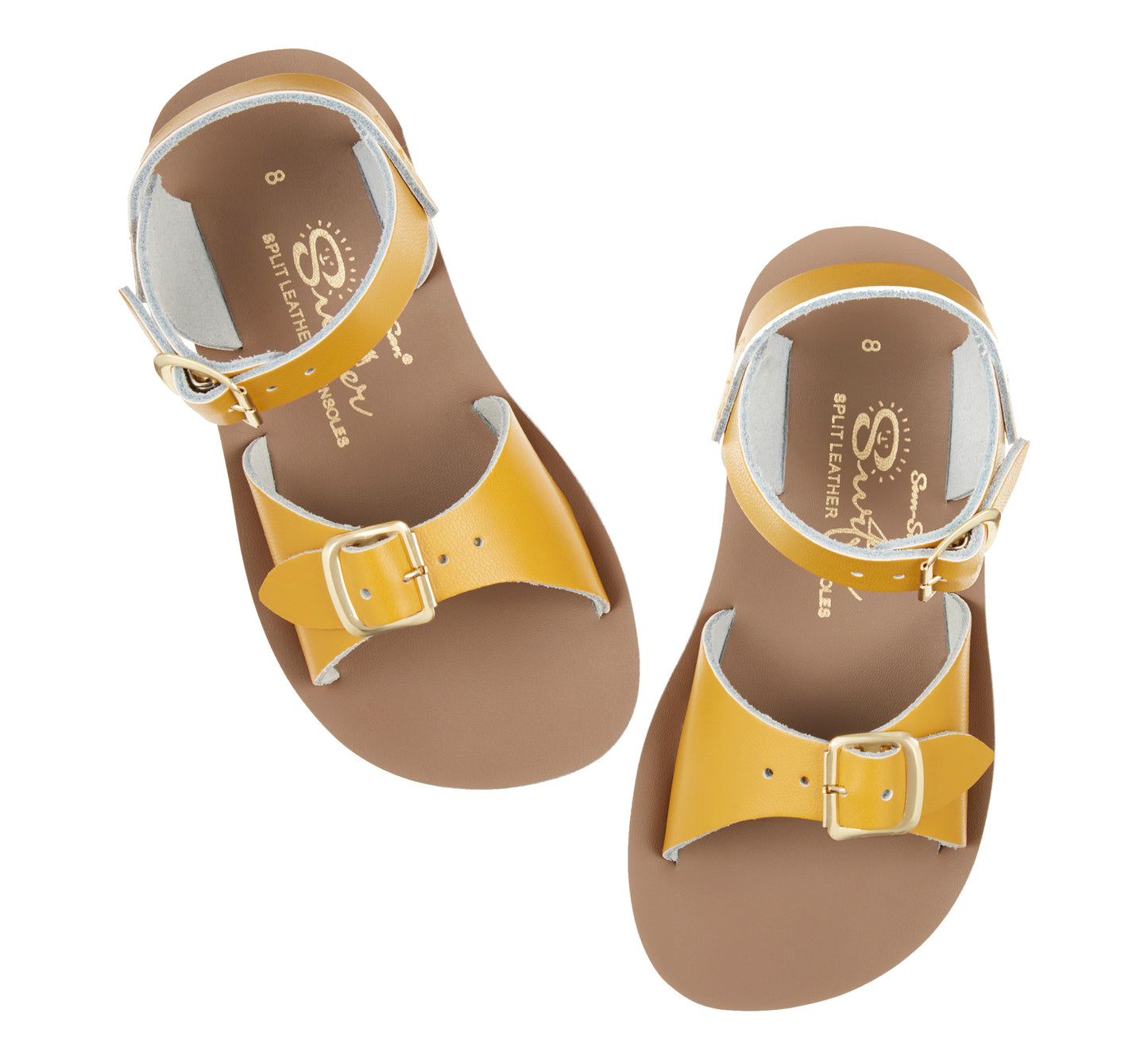 A unisex sandal by Salt Water Sandals in mustard with double buckle fastening across the instep and around the ankle. Open Toe and Sling-back. Top view.