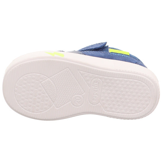 A boys trainer by Superfit , style Supies 1-000781-8000, in blue with yellow accents and double velcro fastening. View of white sole.