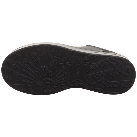 A unisex school shoe by Superfit, style Stella, in black leather with lace up fastening. View of sole.