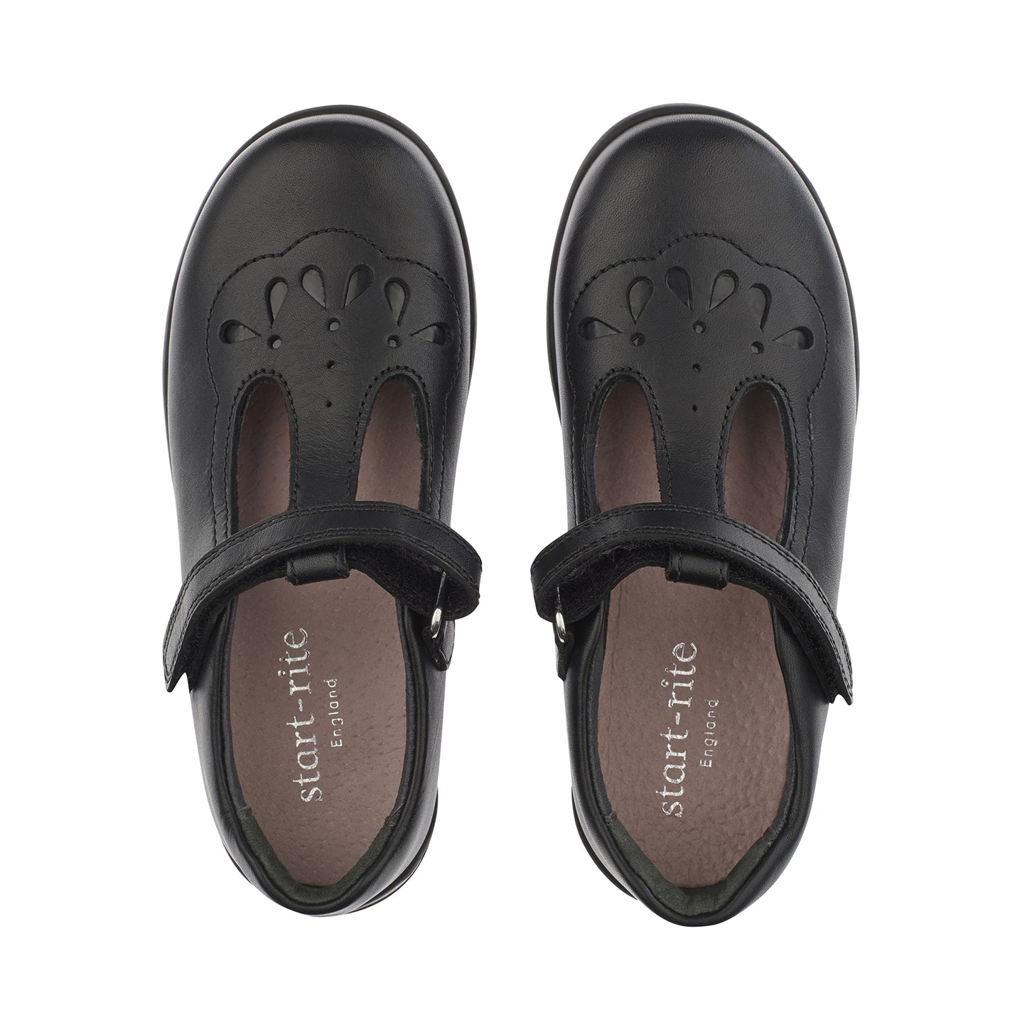 A pair of girls T-Bar school shoes by Start-Rite, style Poppy, in black leather with velcro fastening and cut out tear drop detail to upper. Right side view.