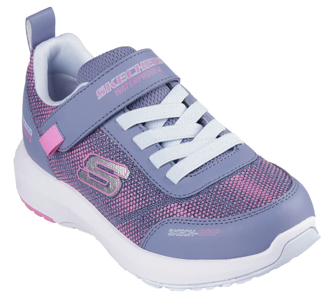 A girls waterproof trainer by Skechers, style Dynamic Tread Journey , in pink and charcoal synthetic with bungee lace and velcro fastening. Top view.