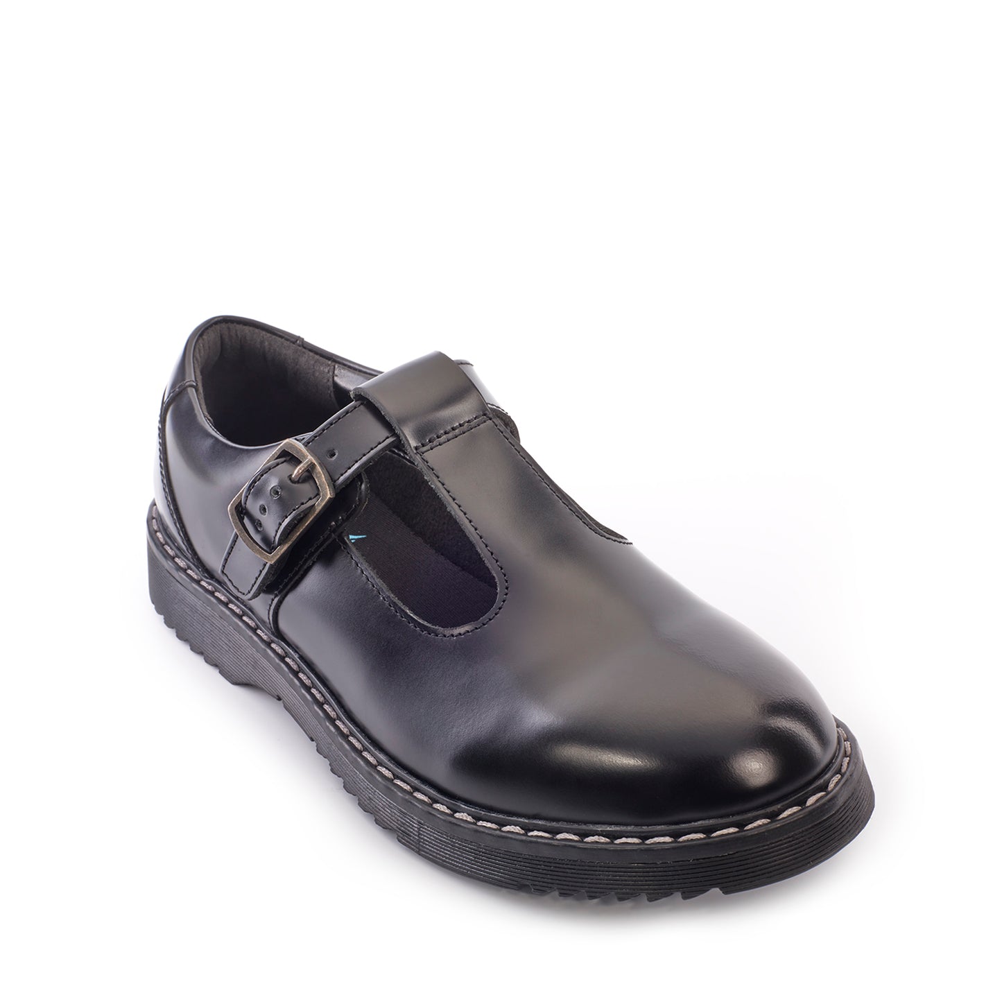 A girls T-Bar school shoe by Start-Rite, style Envisage, in black hi shine leather with buckle fastening. Angled right side view.