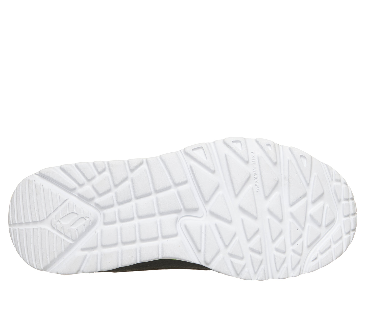 A boys trainer by Skechers, style Uno Lite Revival Edge in grey/lime with velcro strap and elastic laces, Skechers logo on the side and white sole. View of sole
