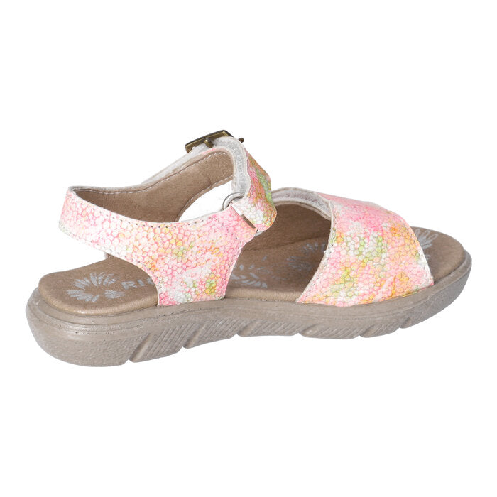 A girls open toe sandal by Ricosta, style Samira, in neon pink multi with velcro fastening. Angled left side view.