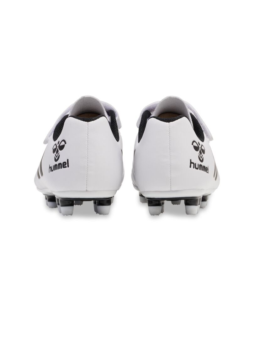 A firm ground football boot by Hummel, style Top Star F.G JR 216568-9001, in white with elastic lace and velcro fastening. Right side view. Back view of pair.