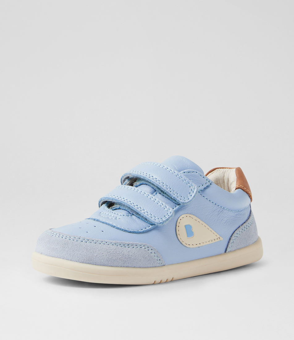 A unisex casual shoe by Bobux, style Champ (Step Up) in Skyway with two velcro straps, brown back ankle detail and white sole. Angled front view