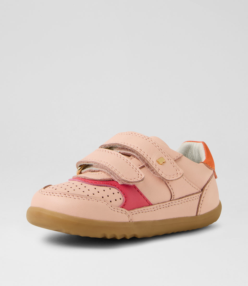 A girls casual shoe by Bobux, style Hunter (Step Up) in Cameo Rose/Nasturtium with two velcro straps and light brown sole. Angled front view