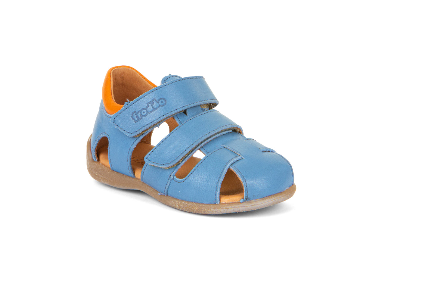 A boys closed toe leather sandal by Froddo, style Carte Double, in blue multi leather with velcro fastening. Angle view 2.