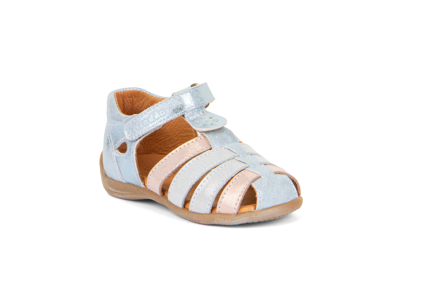 A girls leather sandal by Froddo, style Carte Girly, in blue and pink metallic leather with single velcro fastening. Angle view 2.