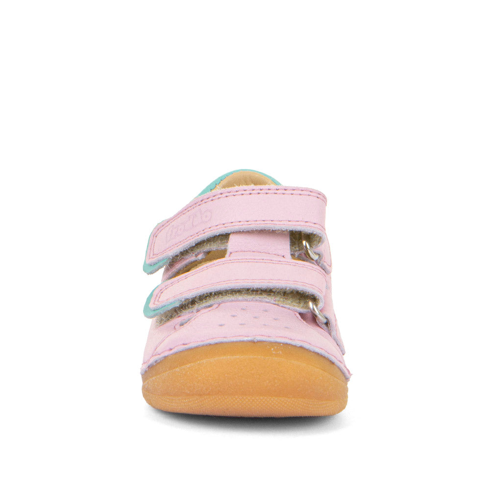 A girls closed toe sandal by Froddo, style Paix Double G2150198-6, in pink with blue trim and double velcro fastening. Front view.