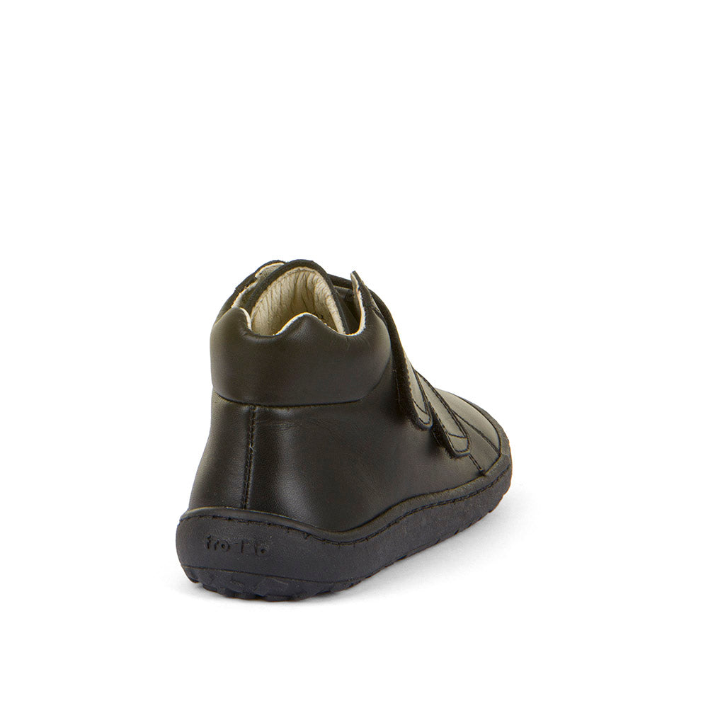 A boys barefoot school boot by Froddo, style Alex H, in black with double velcro fastening. Back view.