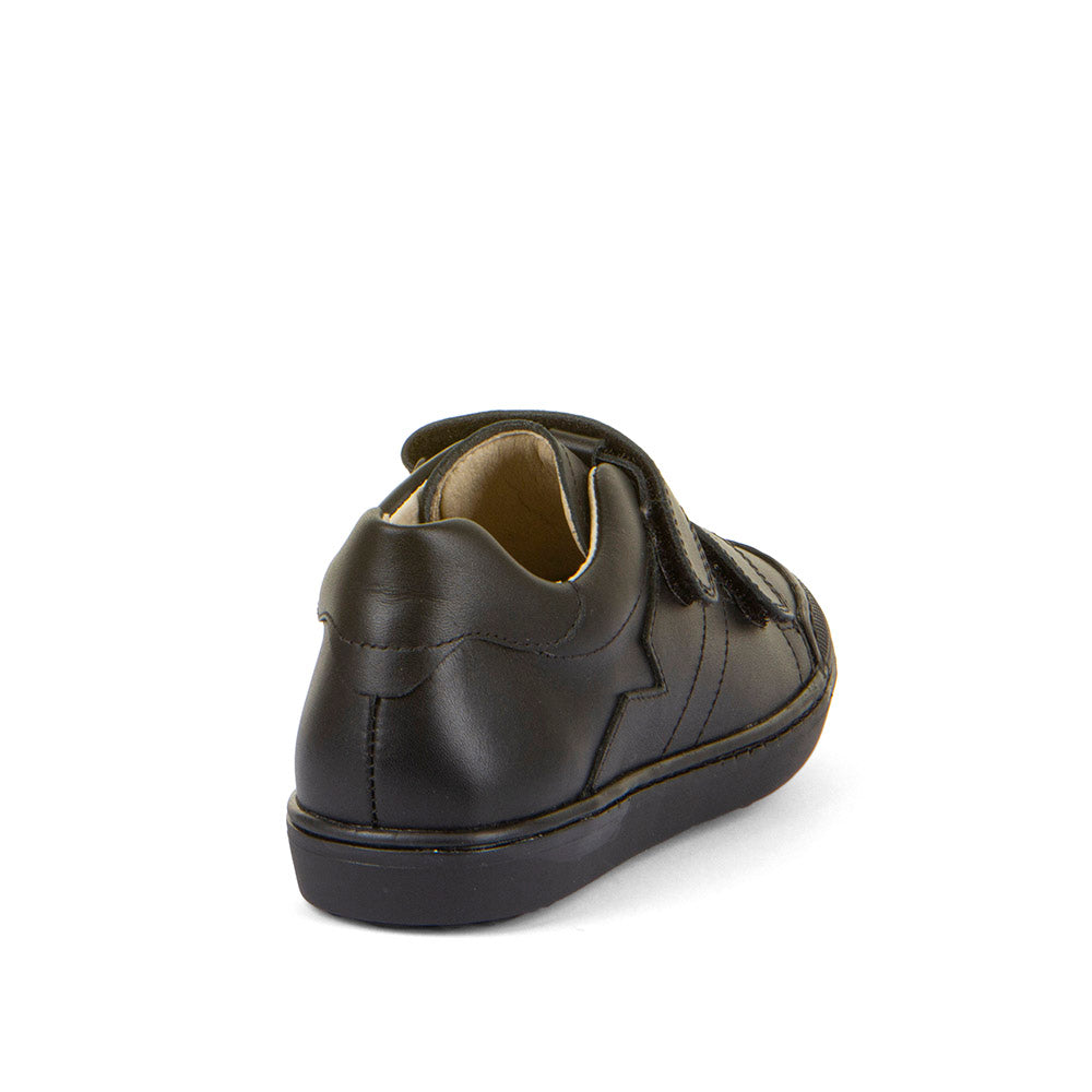 A boys school shoe by Froddo, style Aster in black, double velcro fastening. Right rear angled view.