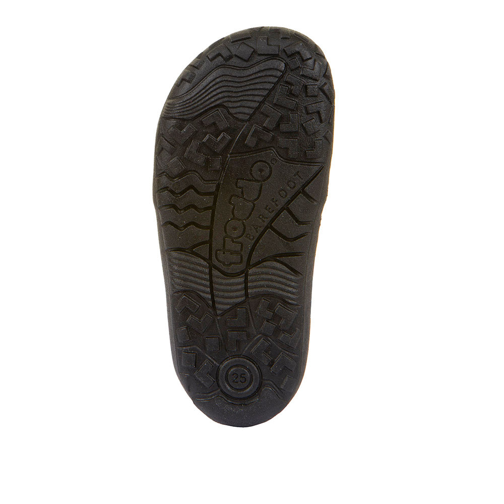 A boys barefoot school shoe by Froddo, style Alex B with two velcro straps and toe and heel bumpers View of sole
