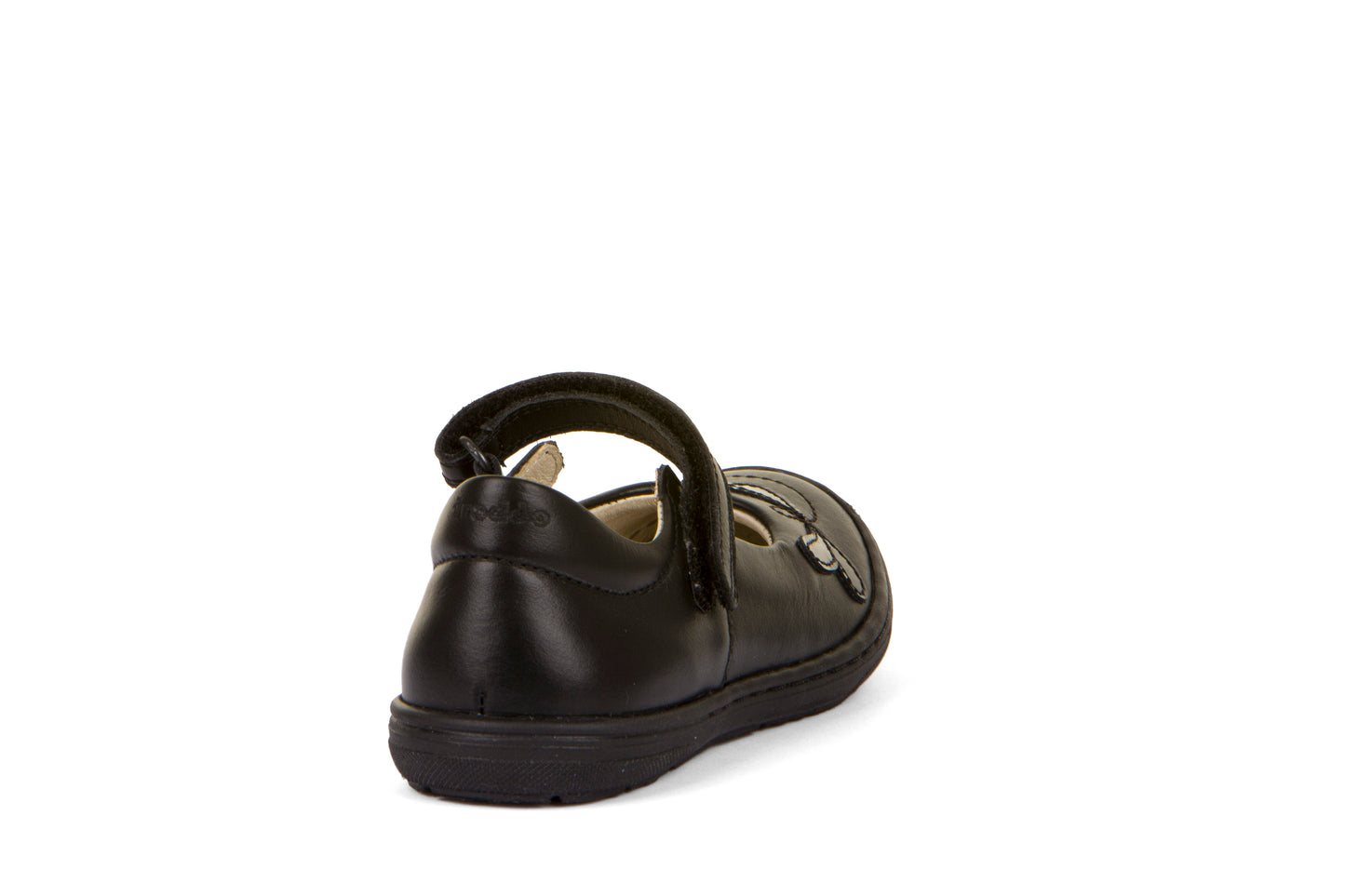 A girls Mary Jane school shoe by Froddo, style Mia DF G3140171-1, in black leather with toe bumper, patent butterfly detail and velcro fastening. Angled right side view.