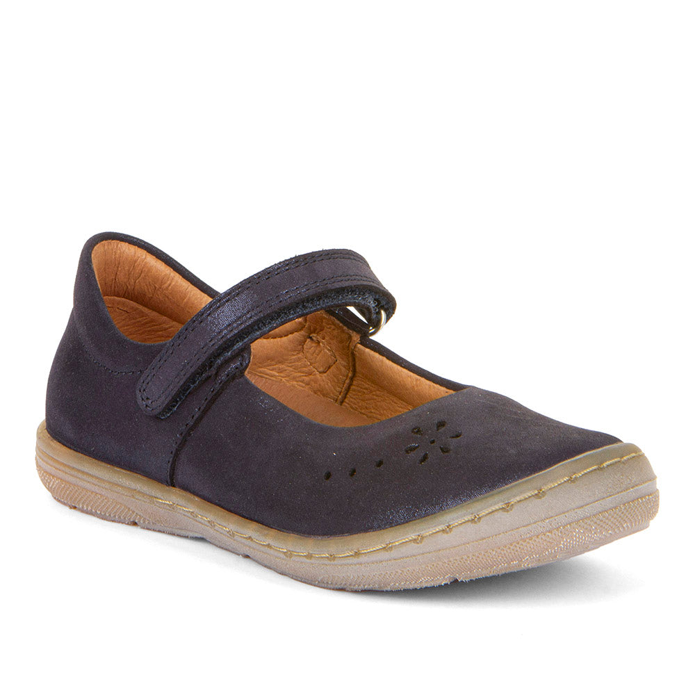 A girls Mary-Jane shoe by Froddo, style Mary F G3140182-2, in navy shimmer leather with flower punch out detail and toe bumper. Velcro fastening. Angled view.