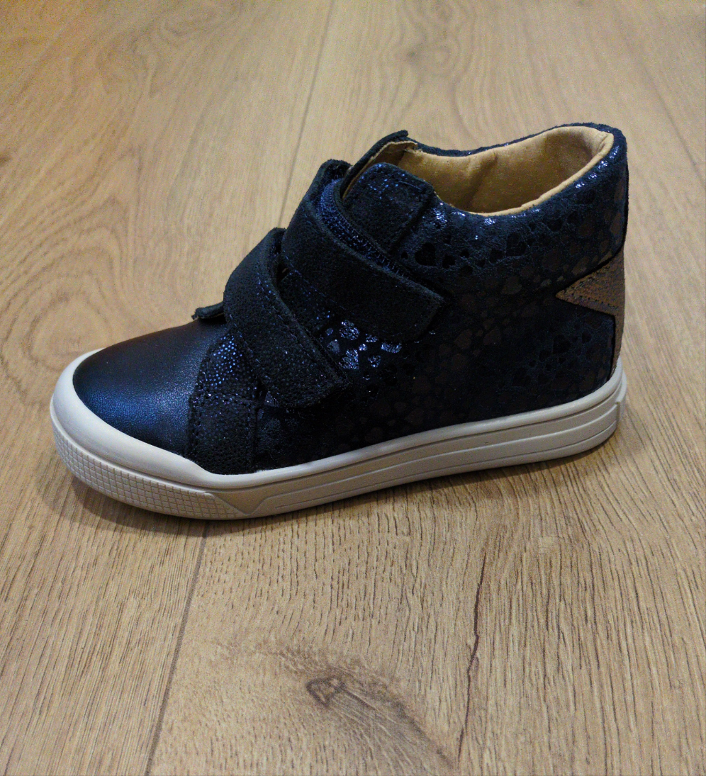 A girls velcro ankle boot by Bopy, style Starvel in marine print. Left side view.