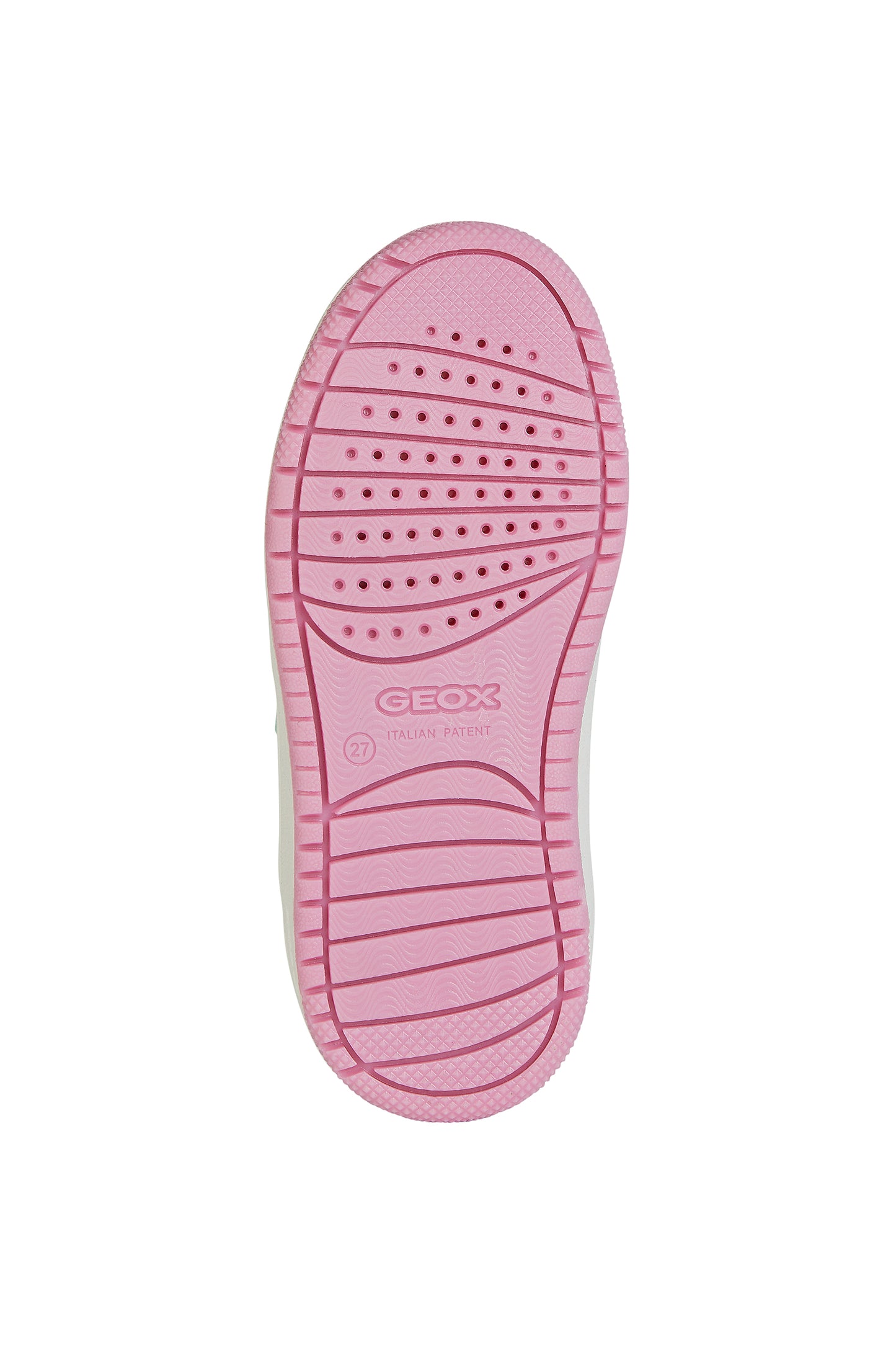 A girls trainer by Geox, style J Washiba, in white multi with doube velcro fastening. View of pink sole.