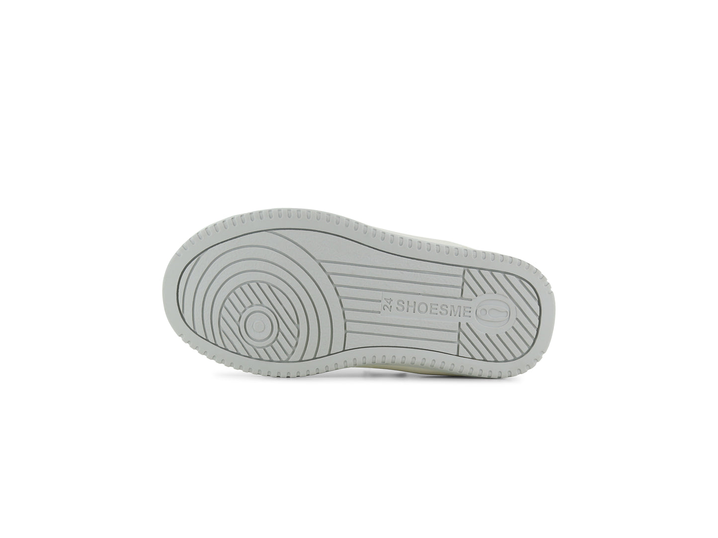 A girl's chunky trainer by Shoesme, style NO24S003-A, in white leather with pink and lilac trim set on a cream sole unit.
Pink lace and zip fastening.
Sole view.