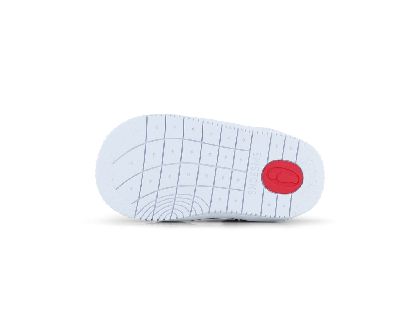 A boys mid top trainer by Shoesme, style BN25S006-B in white and navy, double velcro straps. View of white sole.