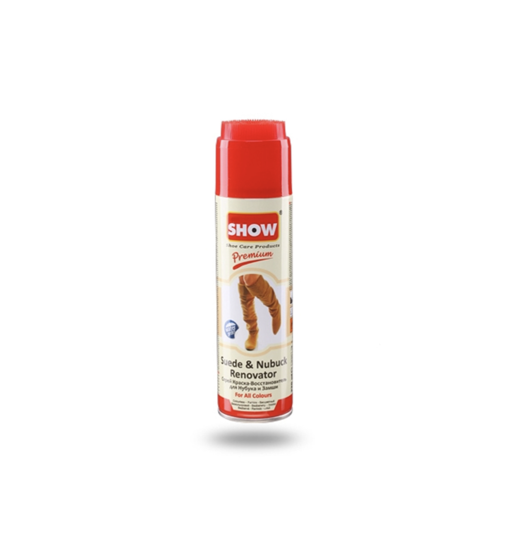 Image of the bottle SHOW® Suede & Nubuck Renovator Spray in neutral with red Brush Cap top.