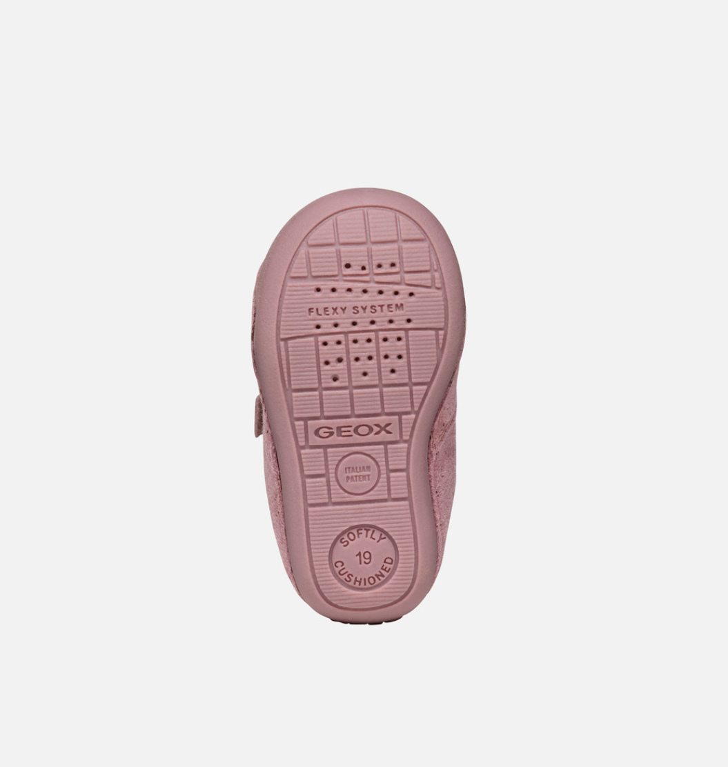 A girls pre walkers by Geox, style B Tutim Girl, in pink nubuck with gold splash print and trim. Double velcro fastening. View of sole.