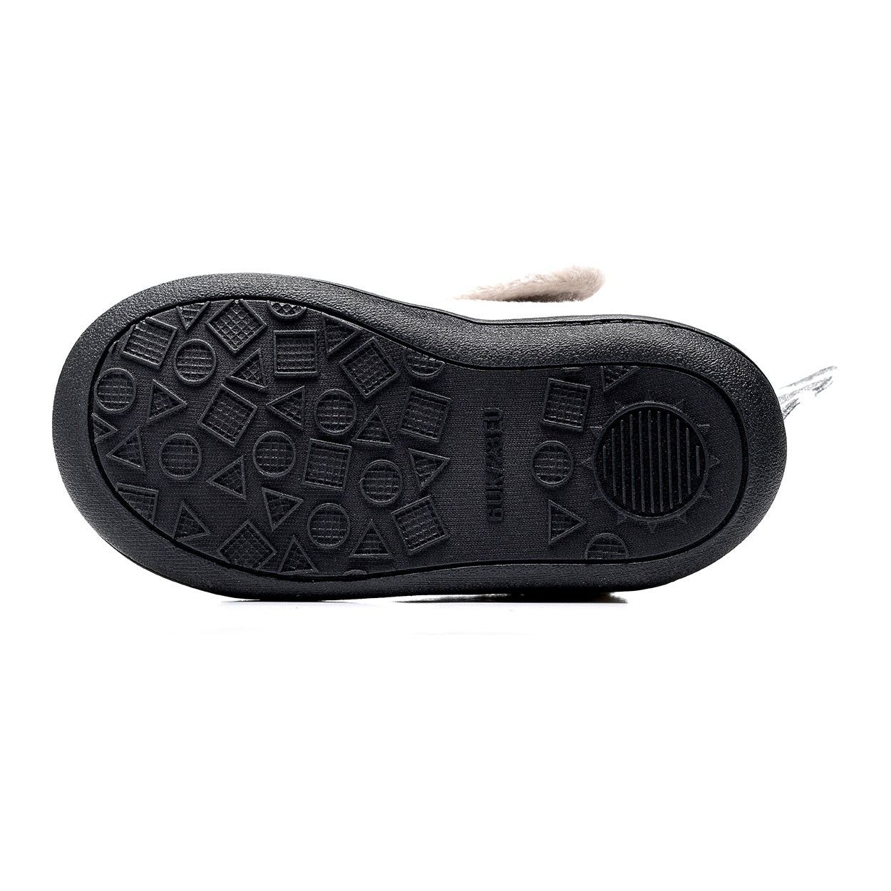A unisex slipper by Chipmunks, style Rocco Racoon, in grey racoon design with velcro fastening. View of sole.
