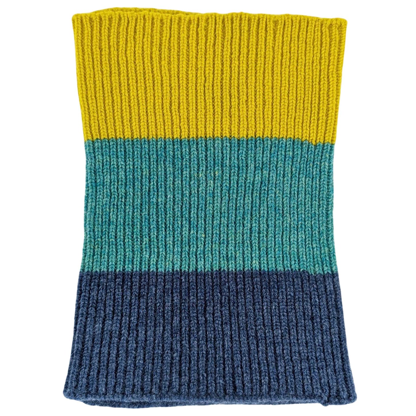 Knitted snood by Catherine Tough with block colours of navy, light blue and yellow.