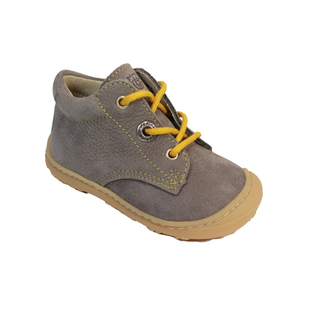 A boys ankle boot by Ricosta, style Cory 50 1200102/45 , in grey nubuck with yellow laces and toe bumper. Angled right side view.