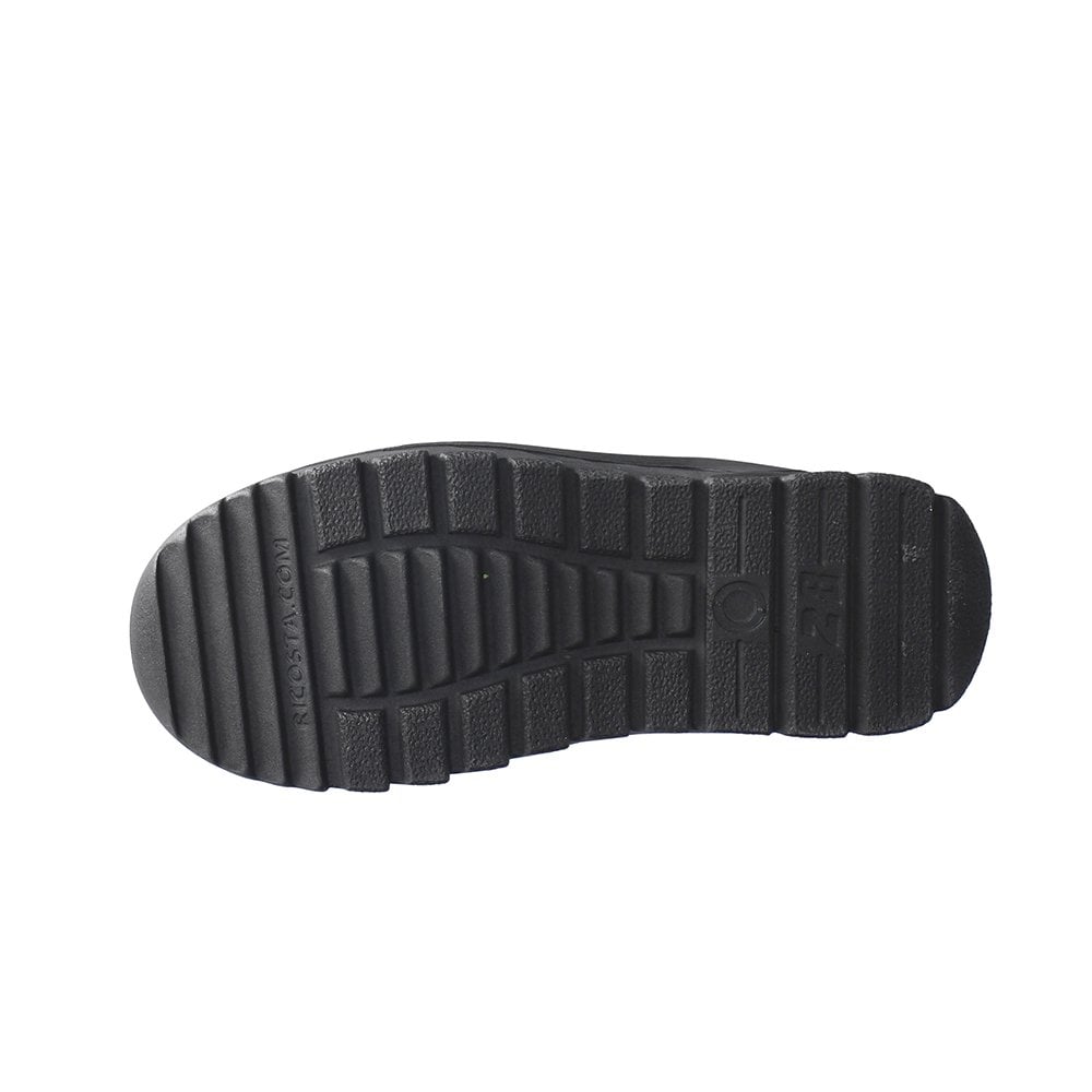 A boys waterproof school shoe by Ricosta, style Steve, in black with velcro fastening. View of sole.