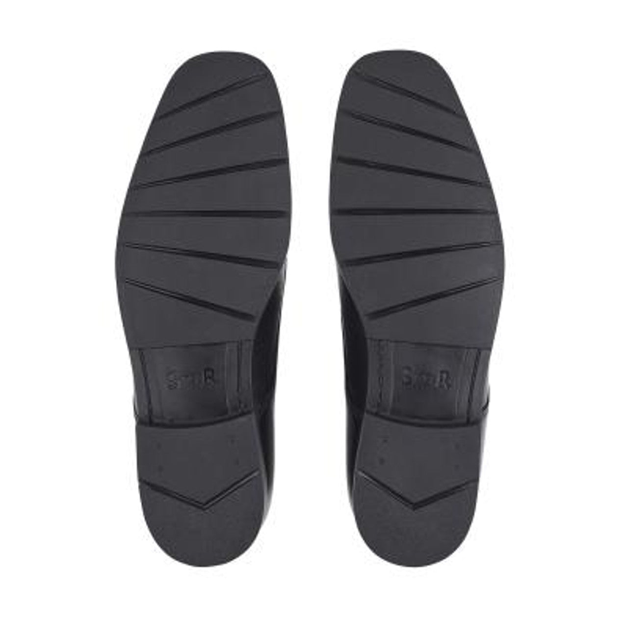 A pair of boys smart school shoes by Start Rite, style Academy, in black leather with lace up fastening. View of sole.