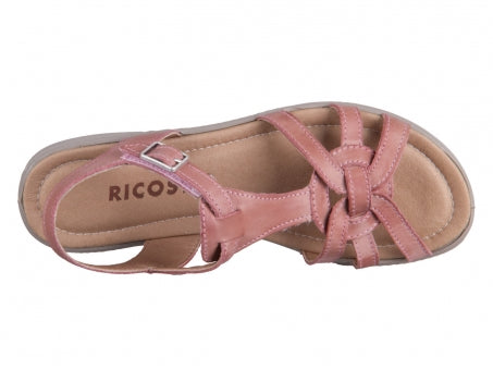 A girls open toe sandal by Ricosta, style Birte, in pink leather with velcro fastening. Above view.