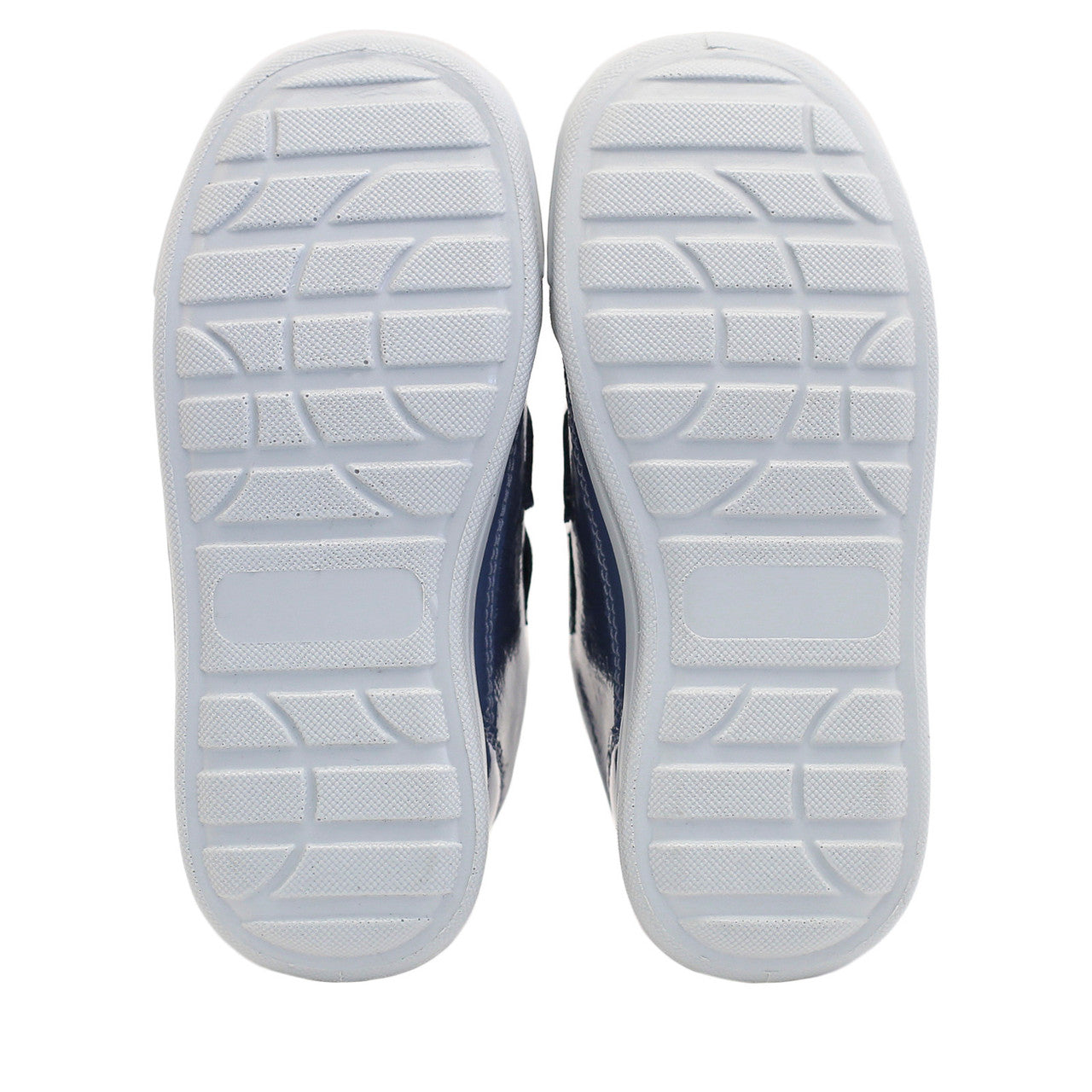 A pair of girls casual shoes by Start Rite, style Seesaw, in blue and purple patent leather with double velcro fastening. Sole view,