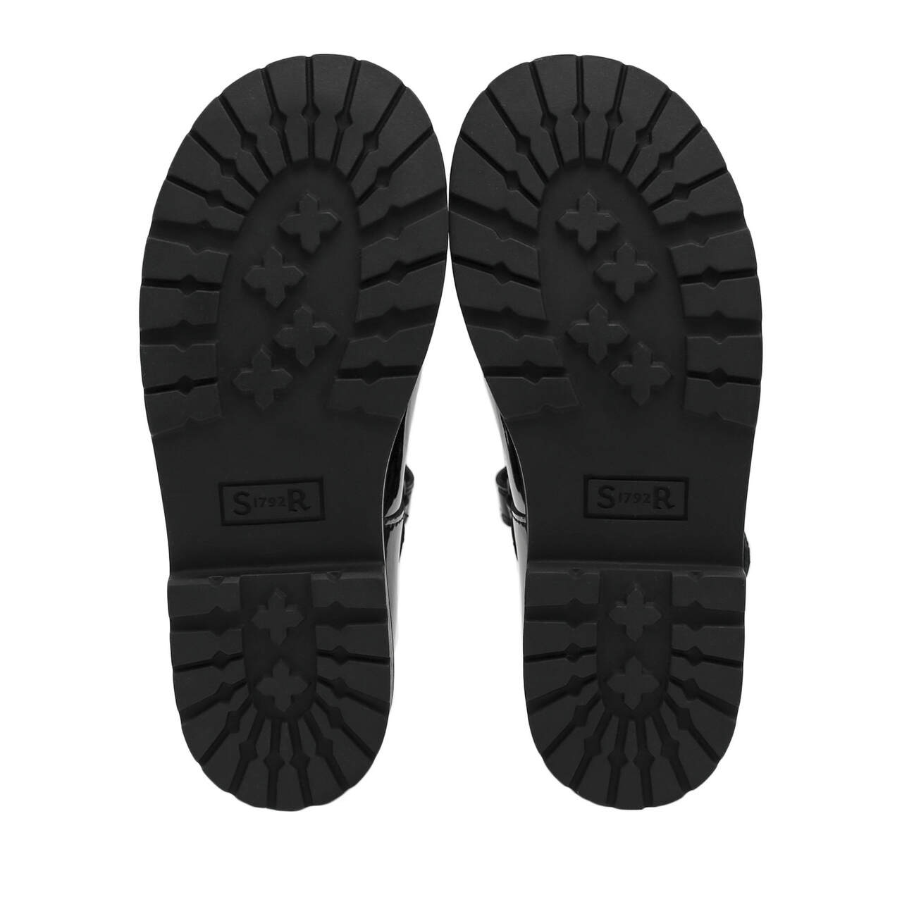 A girls school shoe by Start Rite, style Liberty, in black patent with velcro fastening. Back view.