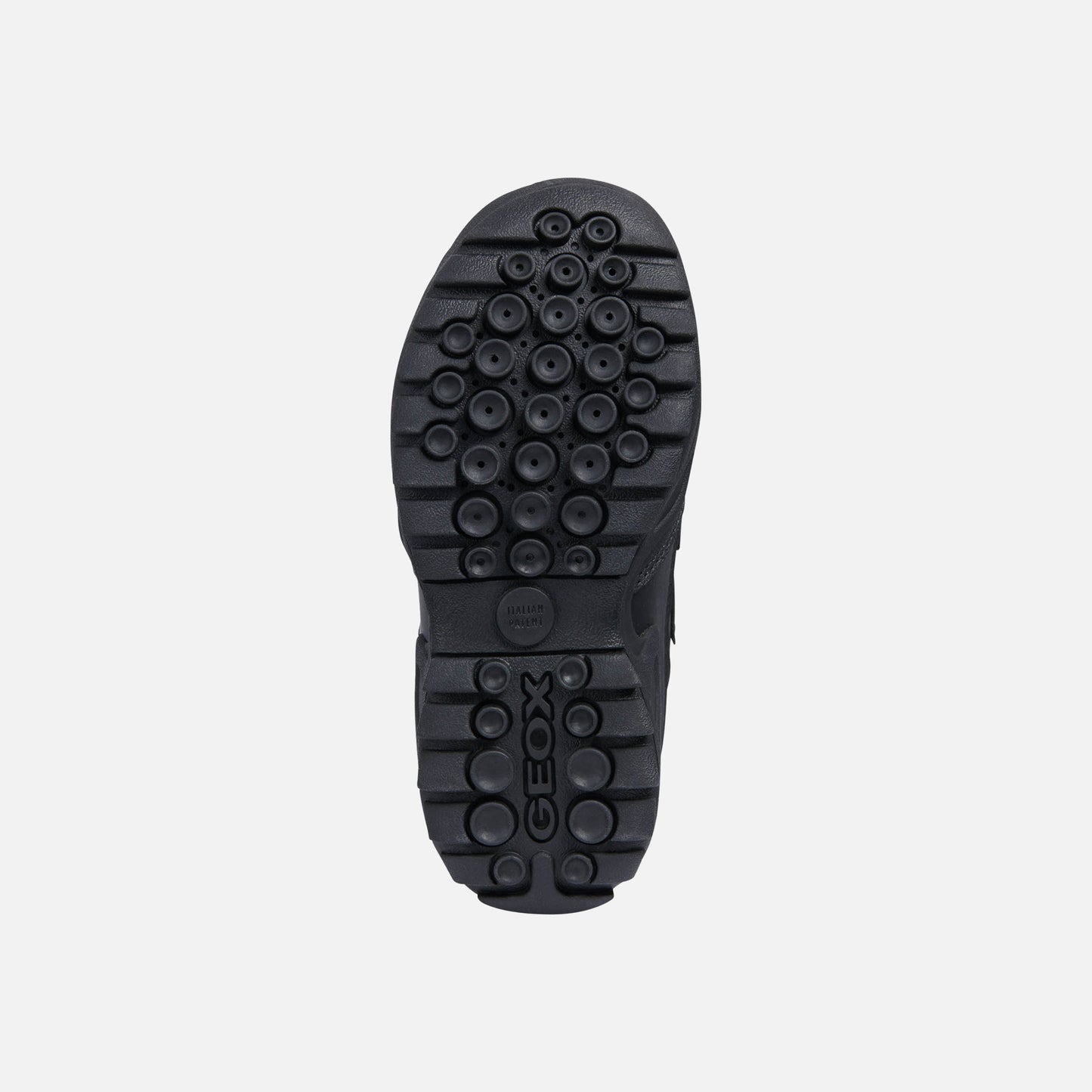 A casual waterproof school shoe by Geox, style J new Savage,in black with double velcro fastening. Sole view.