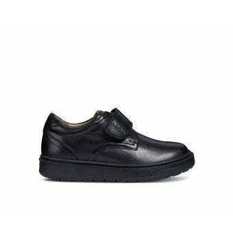 A boys smart school shoe by Geox, style J Riddock,in black with velcro fastening. Right side view.