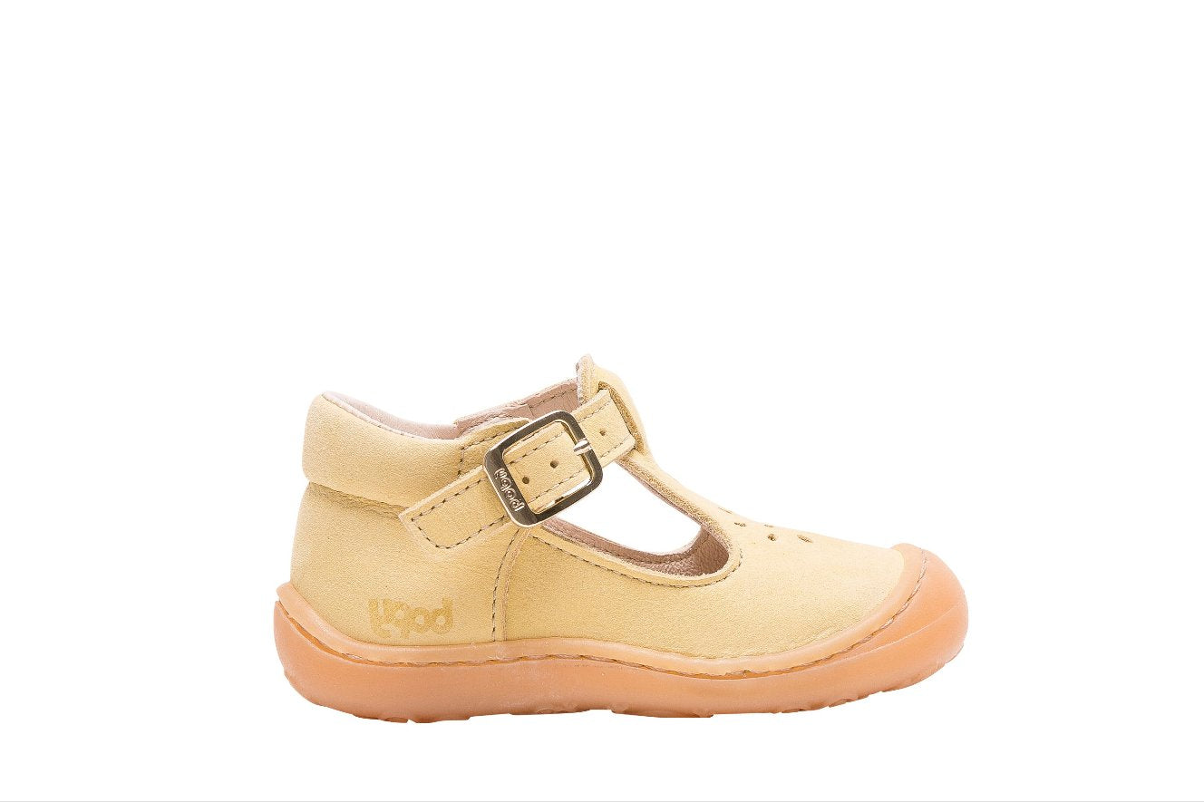 A girls T-Bar shoe by Bopy, style Japan, in Yellow with buckle fastening. Left side view.