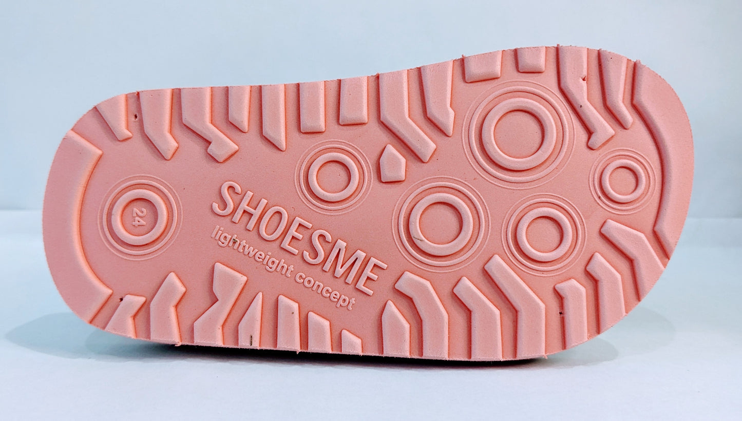 A girls open toe sandal by Shoesme, style LS23S001-A, in pink/lilac multi fabric with velcro fastening. View of sole.