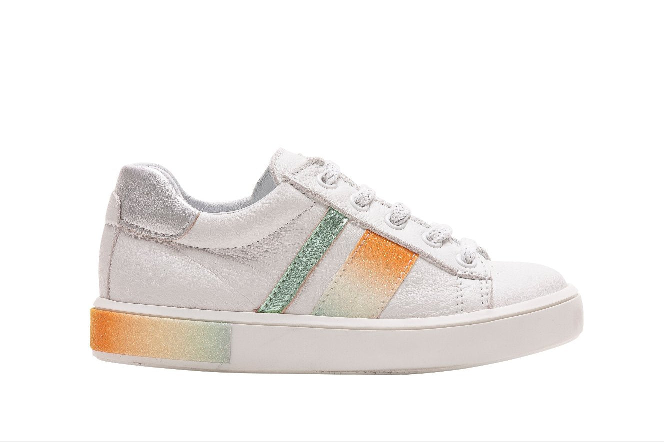 A girls casual trainer by Bopy, style Salicorne, in white multi with lace fastening. Left side view.