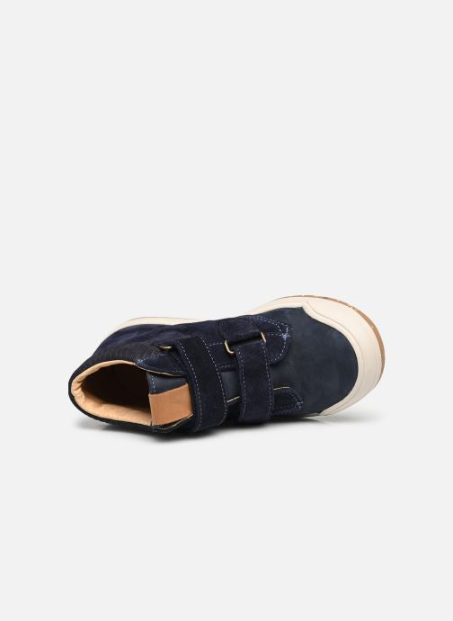A casual boys ankle boot by Bopy, style Vrouvel, in navy nubuck with toe bumper and double Velcro fastening.