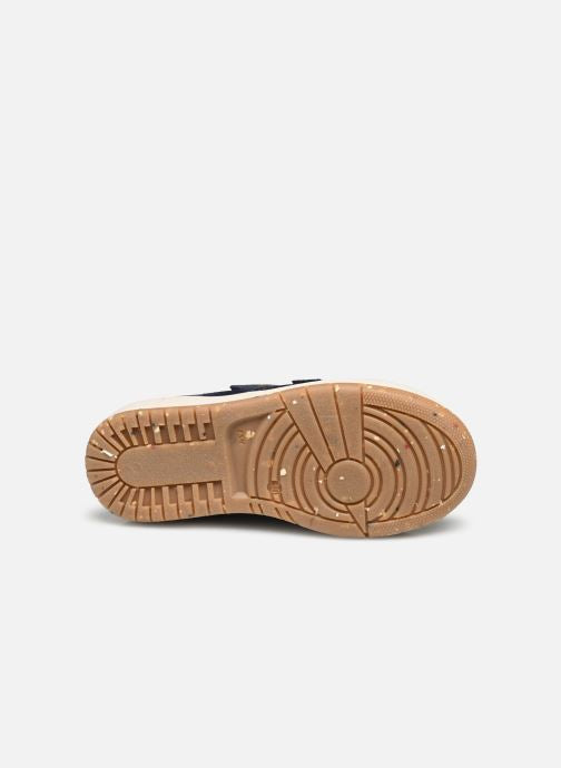 A casual boys ankle boot by Bopy, style Vrouvel, in navy nubuck with toe bumper and double Velcro fastening.View of beige sole.