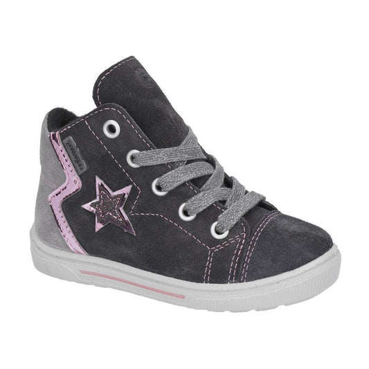 A girls waterproof ankle boot by Ricosta, style Mel , in dark grey with light grey and pink trim, lace/inside zip. Right side view.