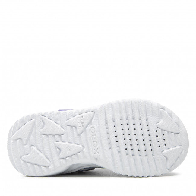 A girls light up trainer by Geox , style J Assister G, in sky blue with violet iridescent print. Velcro/ bungee lace fastening and a light up sole. View of white sole.