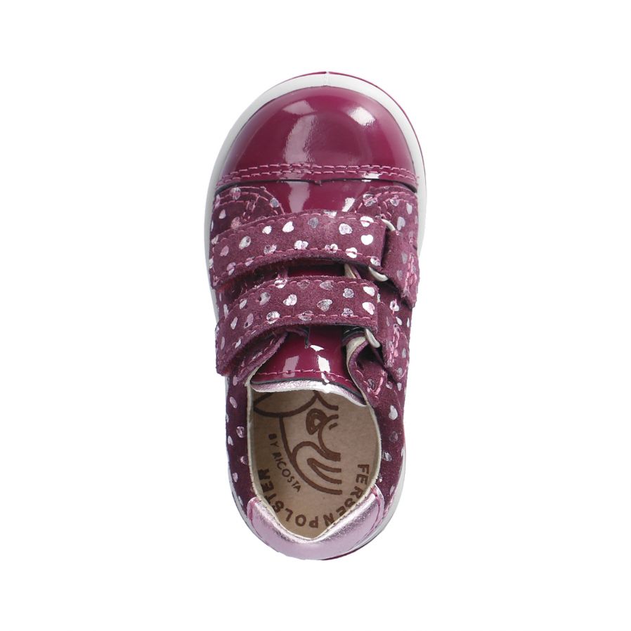 A girls shoe by Ricosta, style Lenie, double velcro fastening in merlot with silver heart print. Above view.