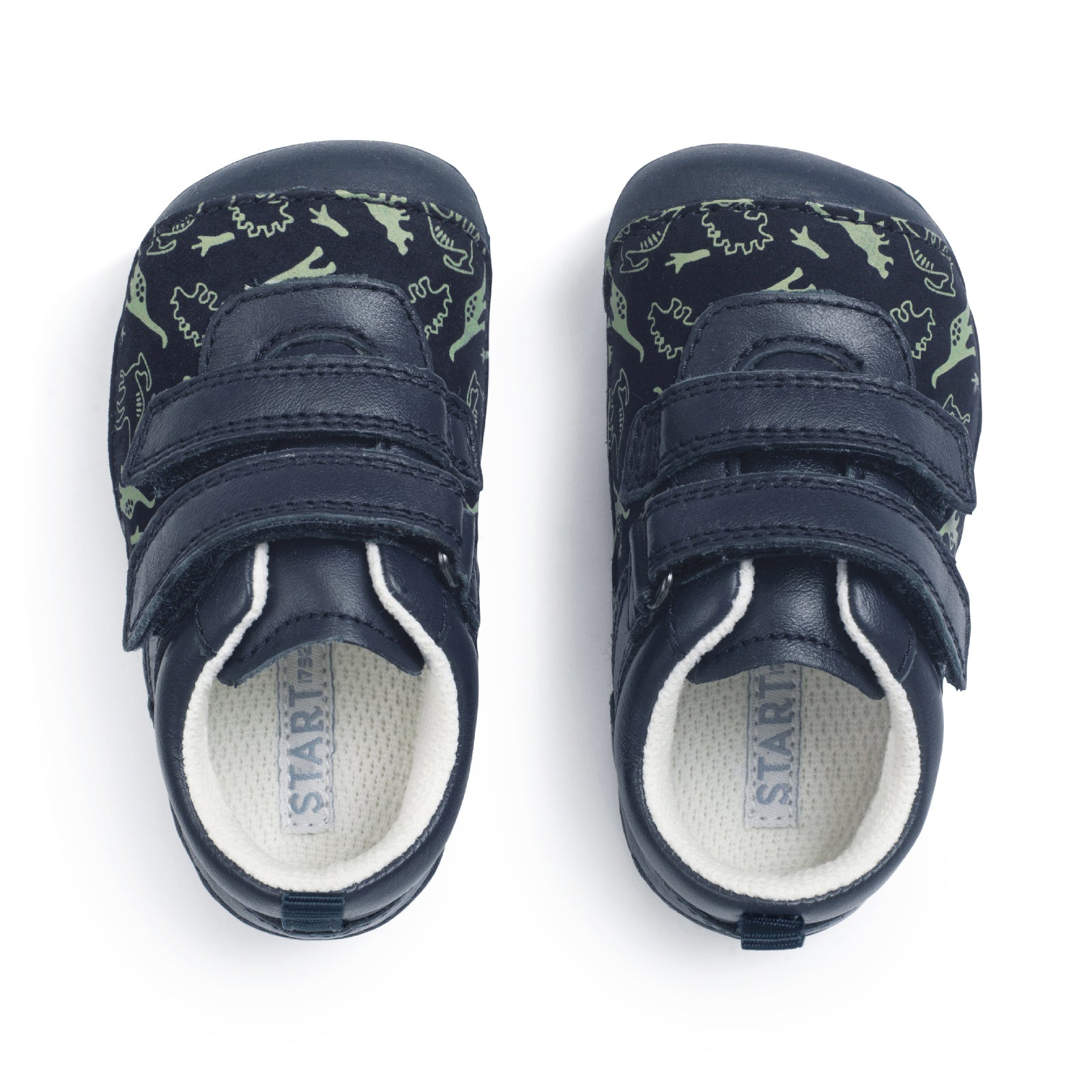 A girls shoe by Start-Rite, style Charms, in dusky pink with t-bar, velcro strap and front and back bumpers. Top view of pair